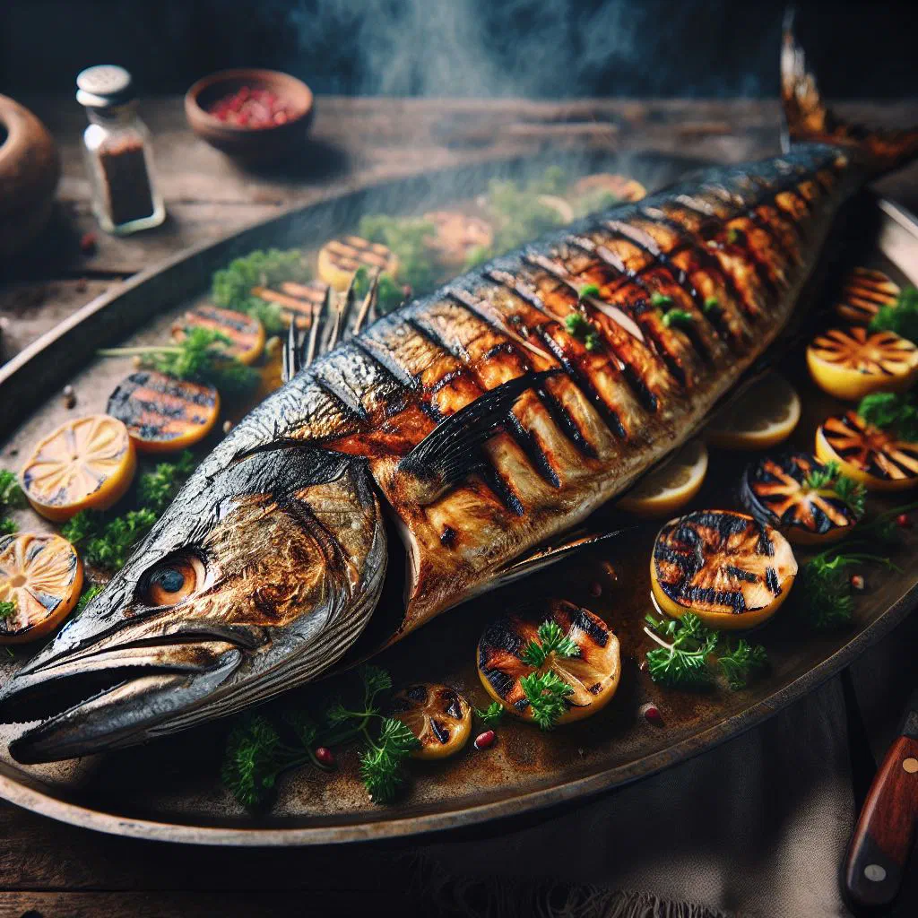 Grilled barracuda fillets garnished with fresh herbs and lemon