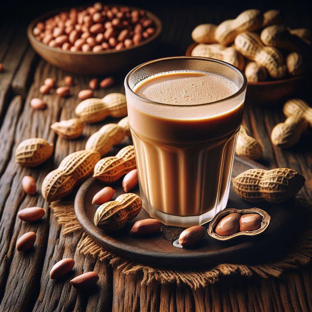 Creamy groundnut drink served over ice in a tall glass