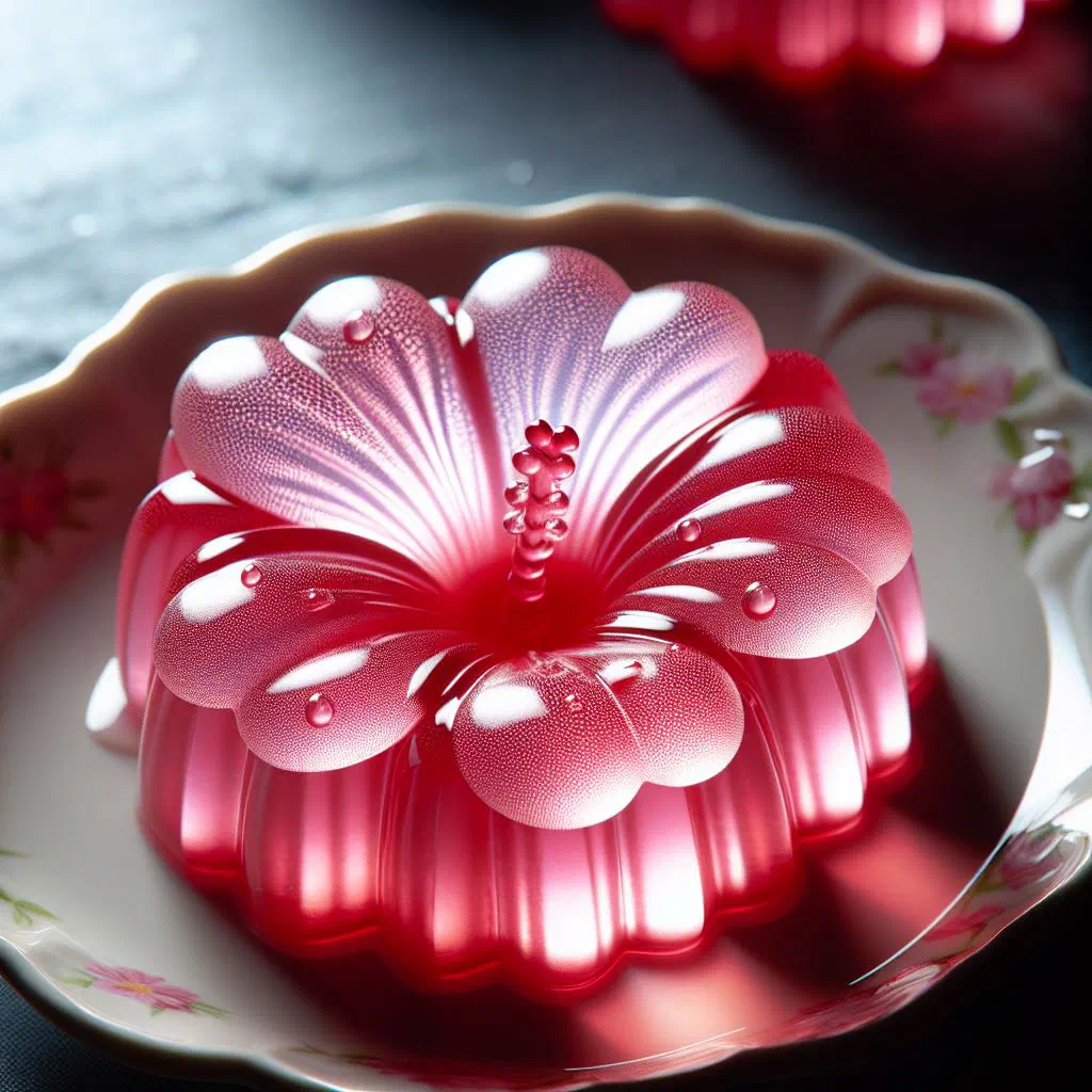 Deep-red hibiscus jelly in a glass jar with dried hibiscus flowers