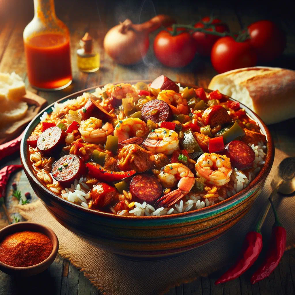A bowl of Gambian jambalaya with rice, chicken, prawns and fresh coriander