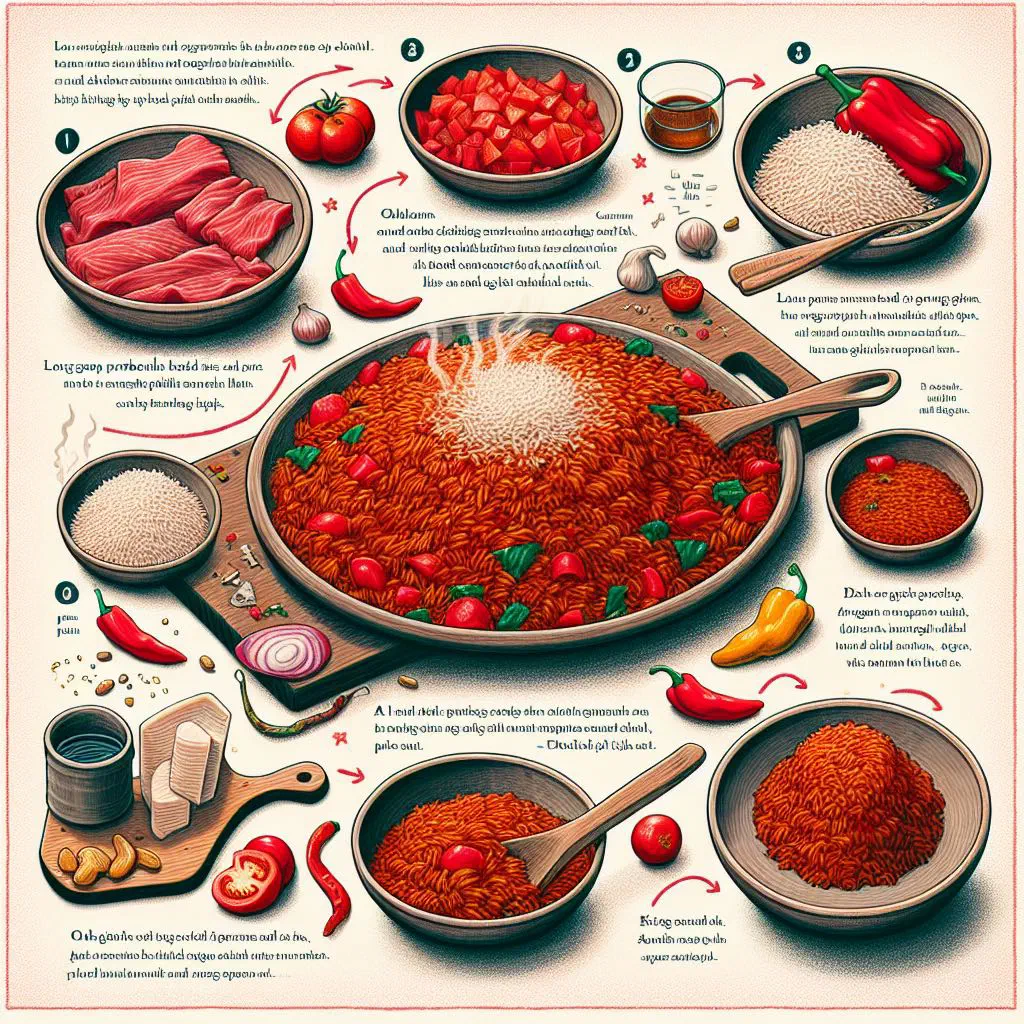 A bowl of Gambian jollof rice in a rich tomato sauce with vegetables