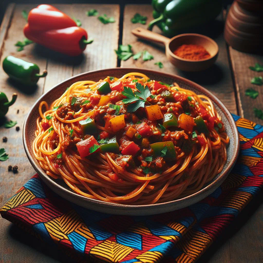 A bowl of spiced Jollof spaghetti garnished with fresh herbs