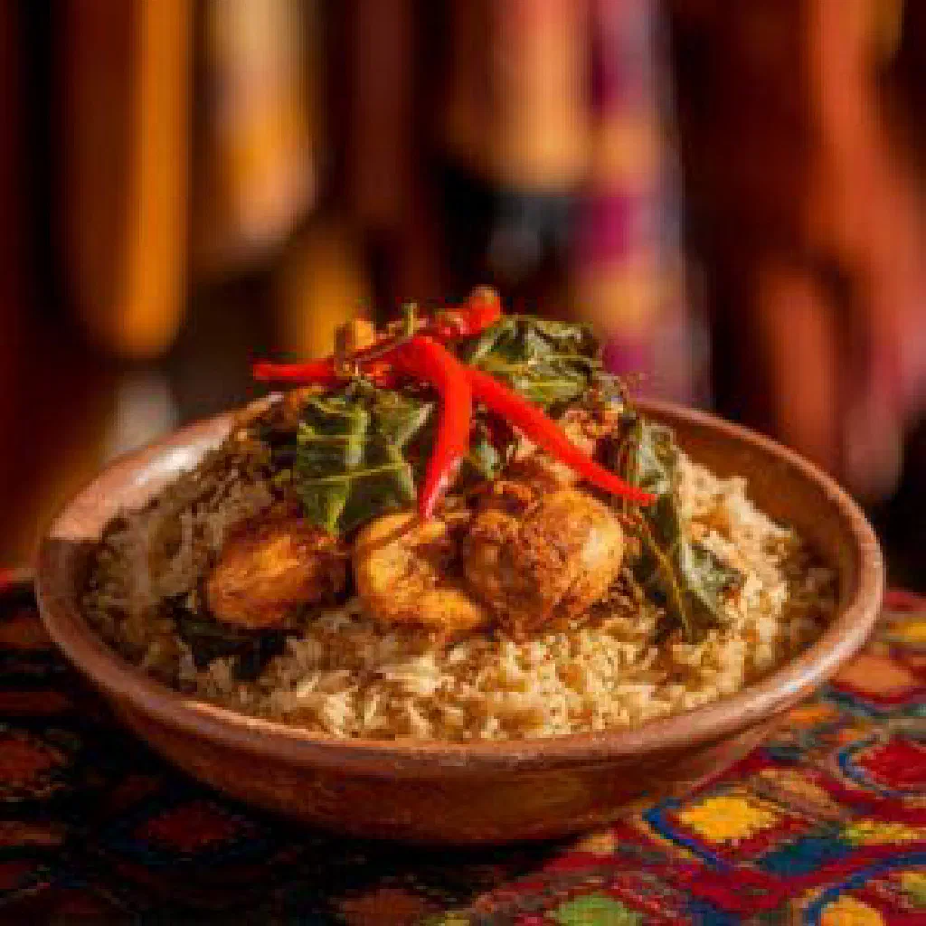 A rustic bowl of Gambian kankankan bean stew garnished with fresh herbs