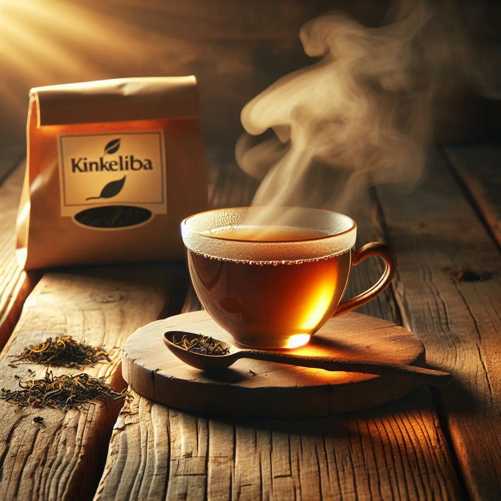 A glass of golden kinkeliba tea with dried leaves and lemon