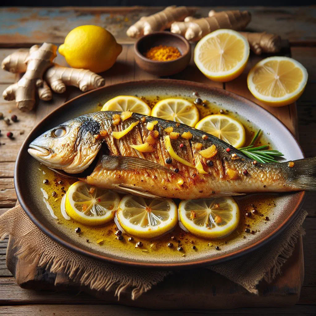 Baked fish fillets glazed with lemon and ginger, garnished with fresh herbs