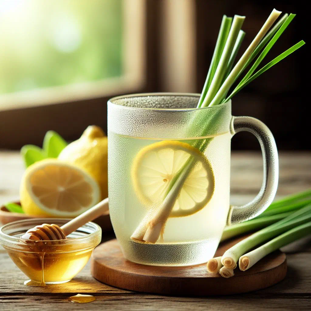 A tall glass of chilled lemongrass drink with ice and lime
