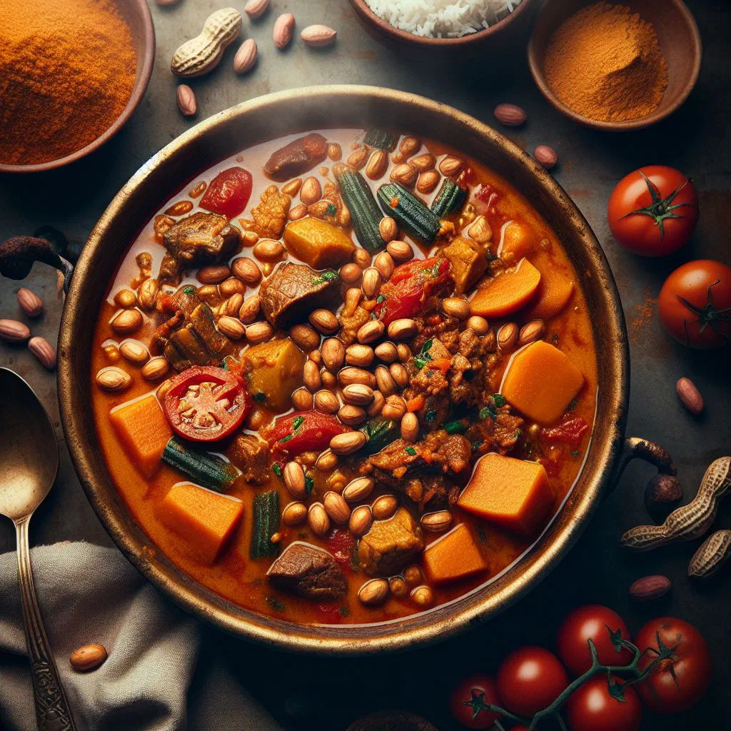Bowl of Gambian maafe with tender meat and vegetables in a creamy peanut sauce