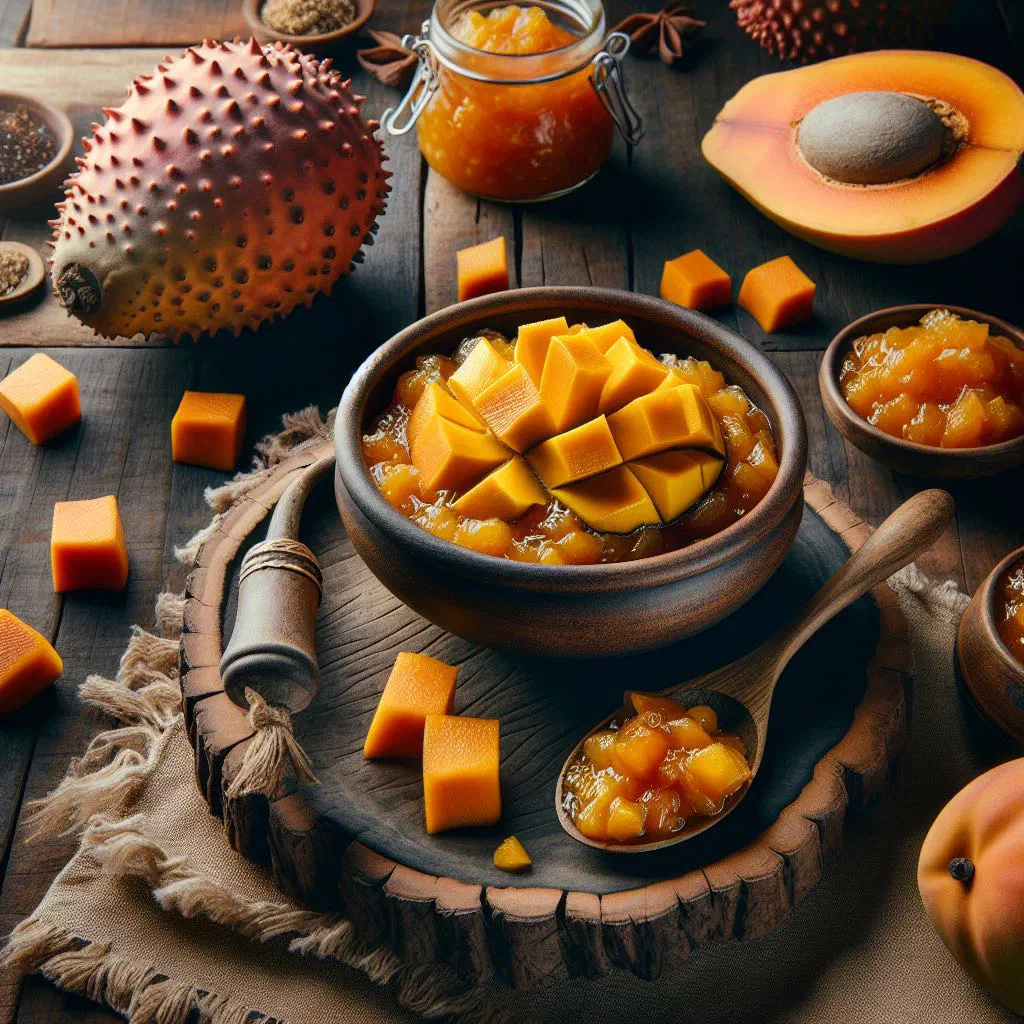 Bowl of golden mango and baobab chutney garnished with fresh herbs
