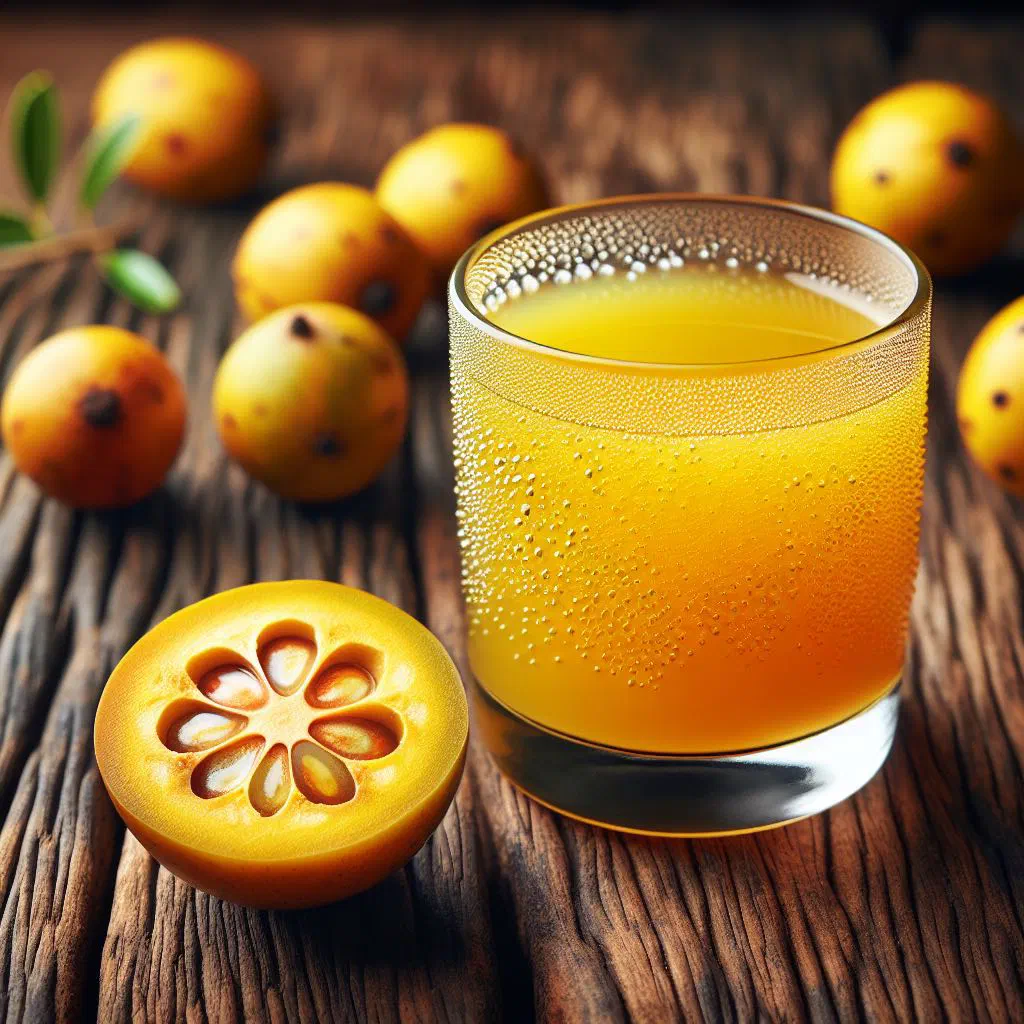 A glass of freshly pressed marula juice garnished with lime and mint