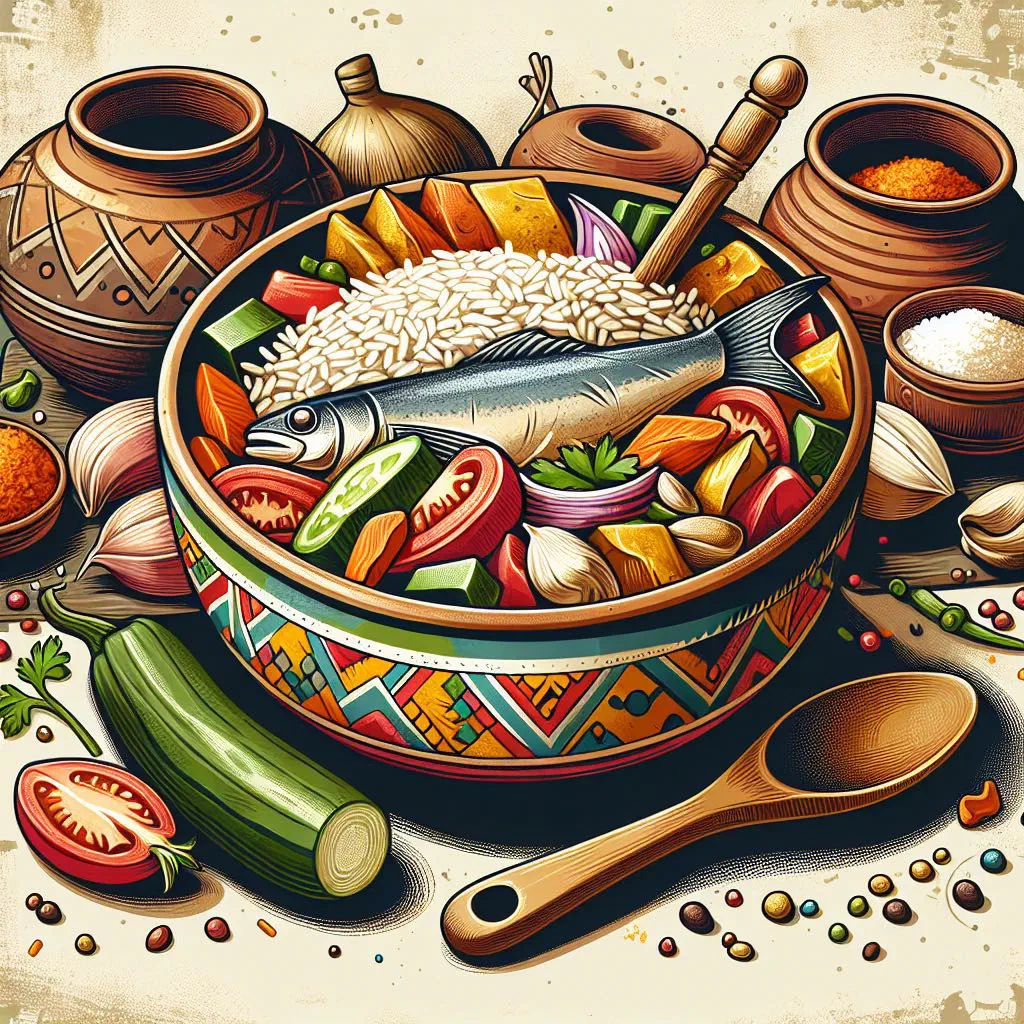 Bowl of Gambian mbahal with rice, fish and fresh vegetables