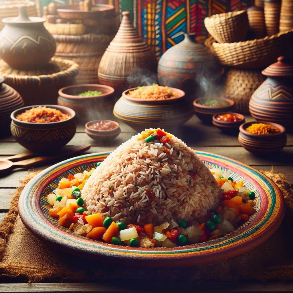 A bowl of Gambian Mbahal rice with fish and vegetables