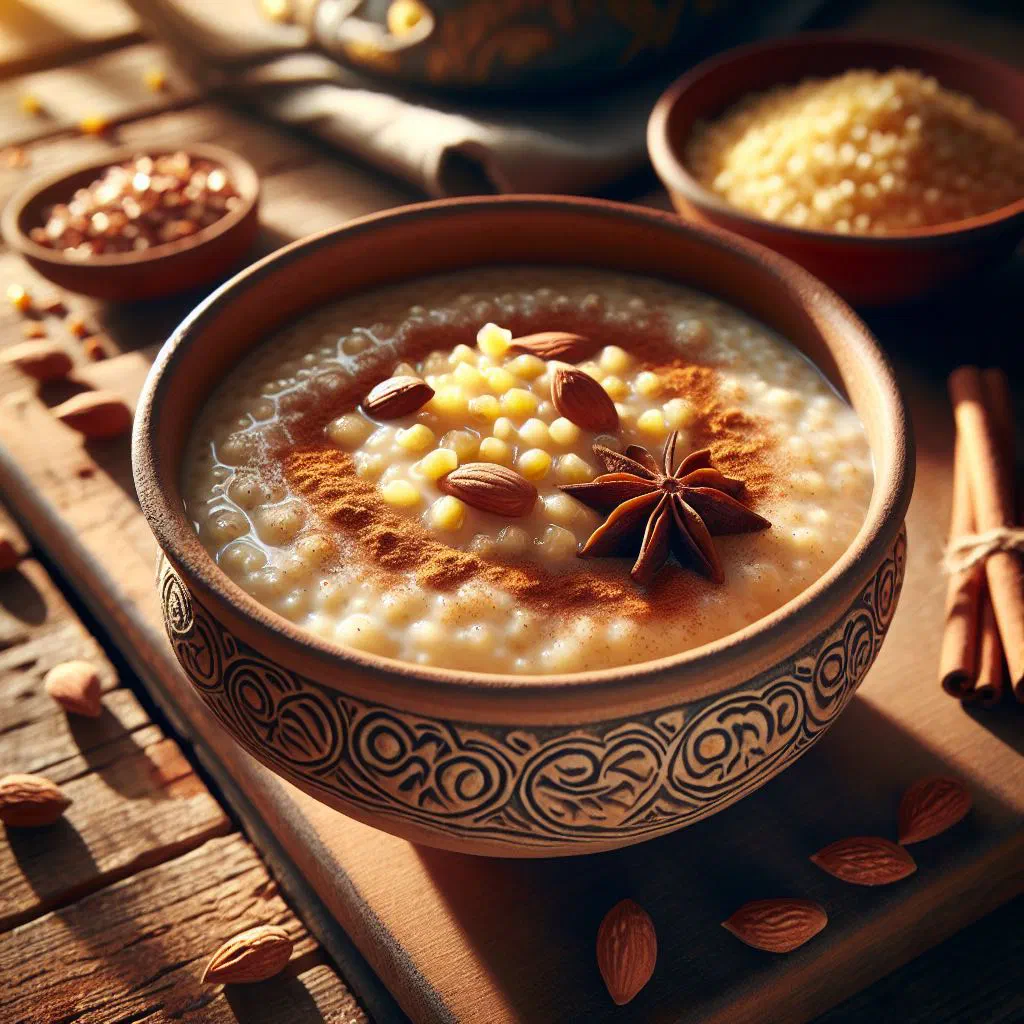 A firm, golden millet pudding served in a bowl and garnished with fresh herbs
