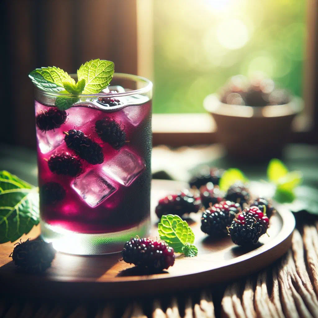 A glass of deep purple mulberry juice garnished with fresh mint