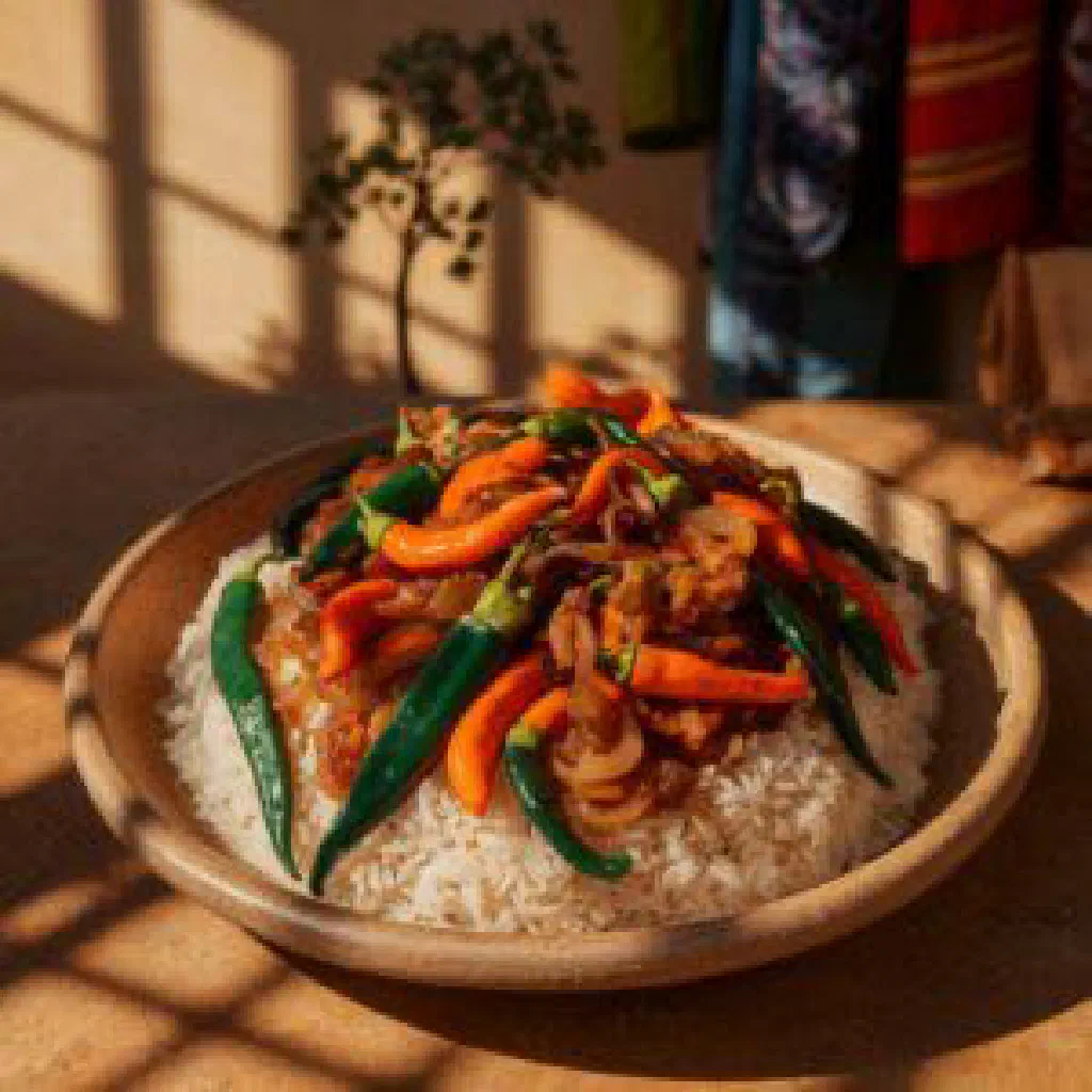 Nyamang meat and vegetable stew served hot in a bowl