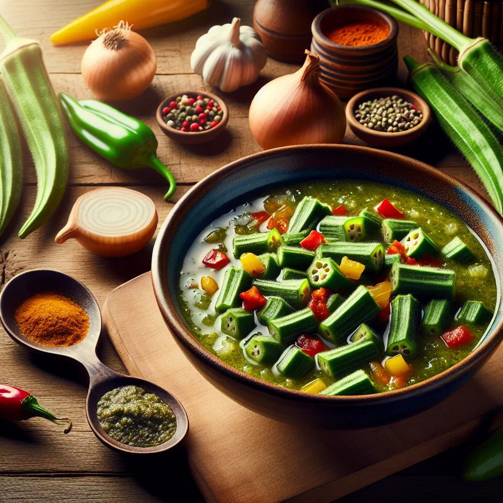 A bowl of Gambian okra soup garnished with fresh herbs