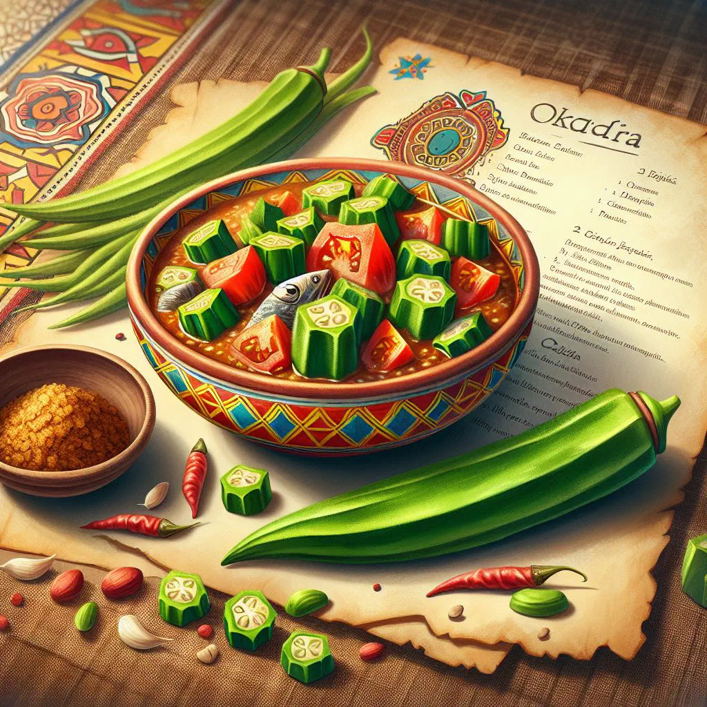 Bowl of Gambian okra stew with tender meat in a rich red sauce