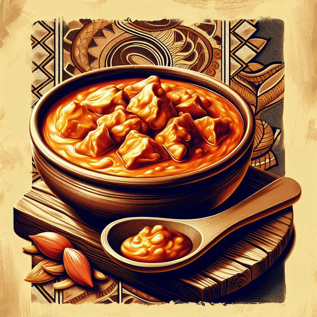 A rich red palm butter soup with vegetables and fish in a bowl