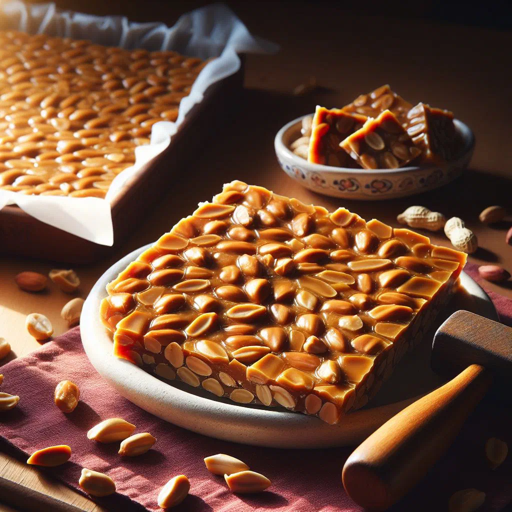 Golden peanut brittle broken into shards on baking paper