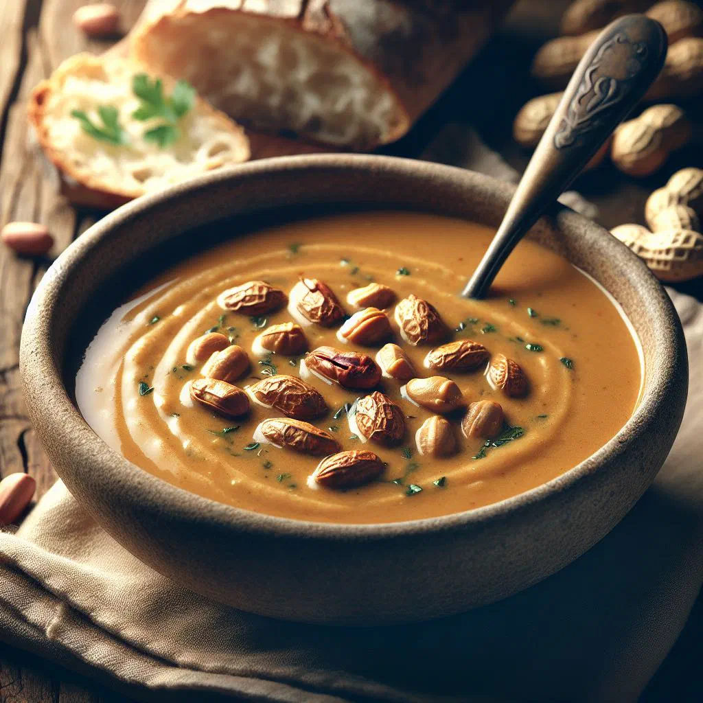 A bowl of creamy Gambian peanut soup garnished with fresh herbs