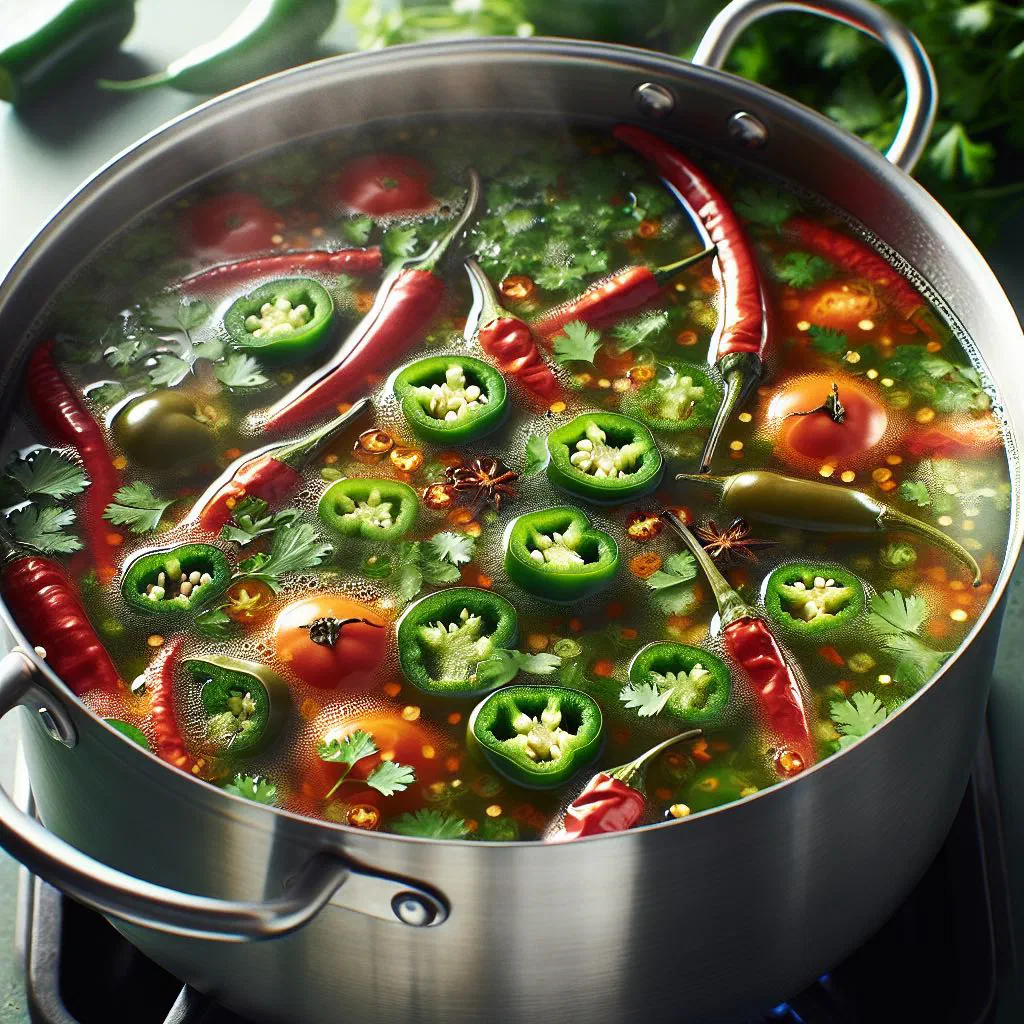 A steaming bowl of spicy Gambian pepper soup garnished with fresh herbs