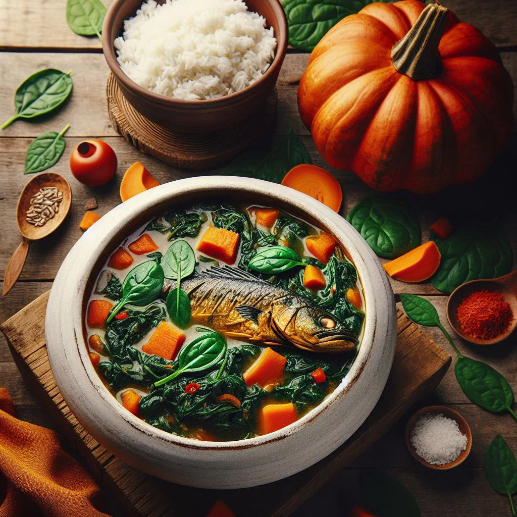 Plasas stew with meat and greens in a rich peanut sauce