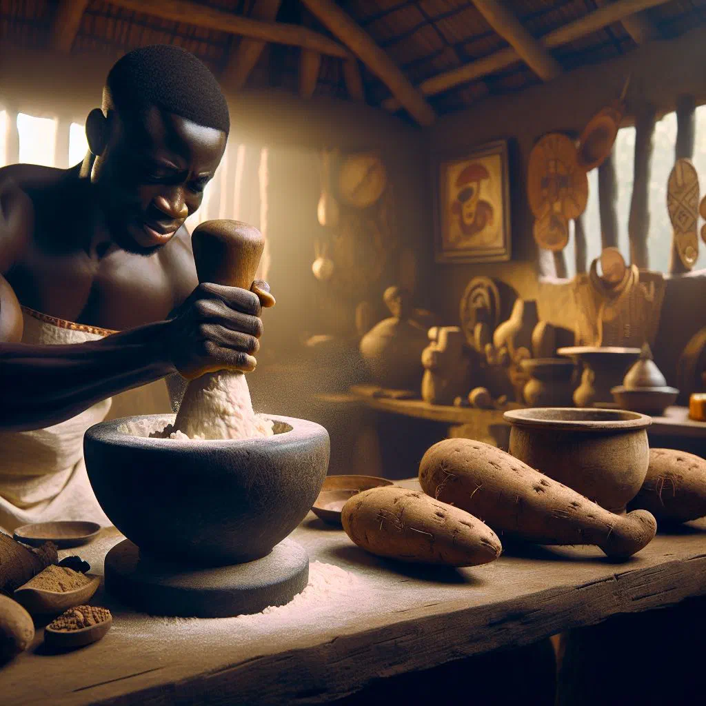 Smooth mound of pounded yam served in a bowl beside a rich sauce