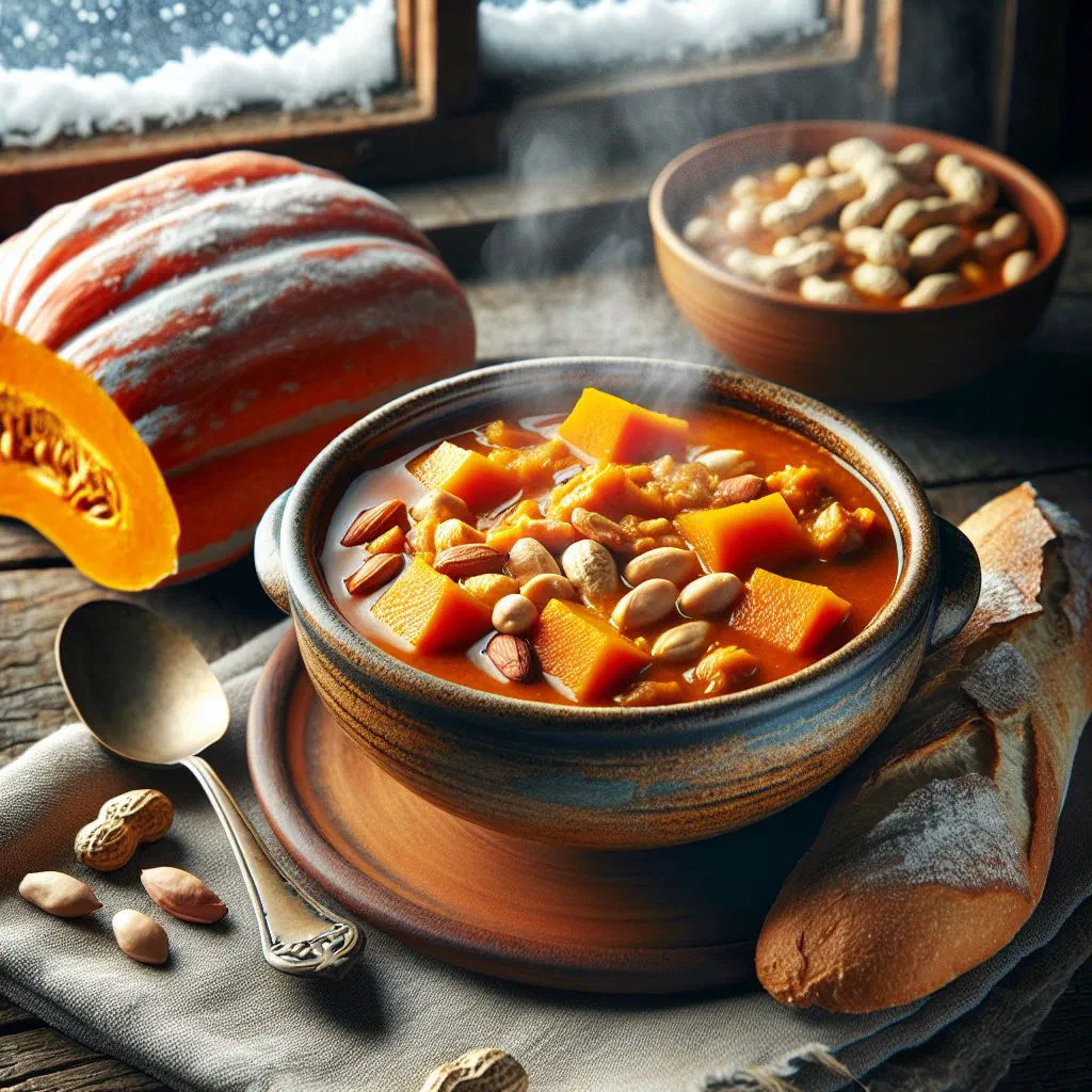 A bowl of creamy Gambian pumpkin and peanut stew garnished with fresh coriander