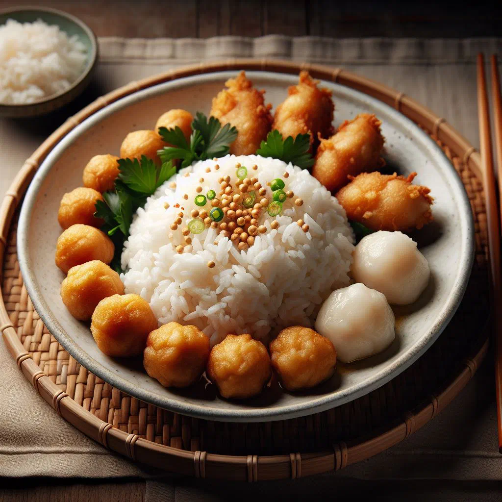 Golden fried fish balls served on a bed of rice with fresh herbs