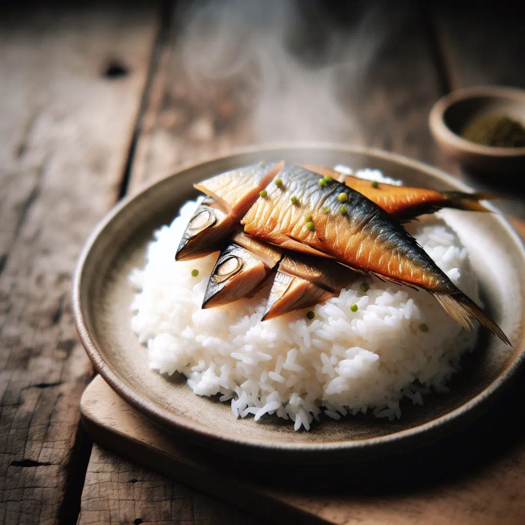 Fluffy rice topped with flaked smoked fish, tomato and chilli