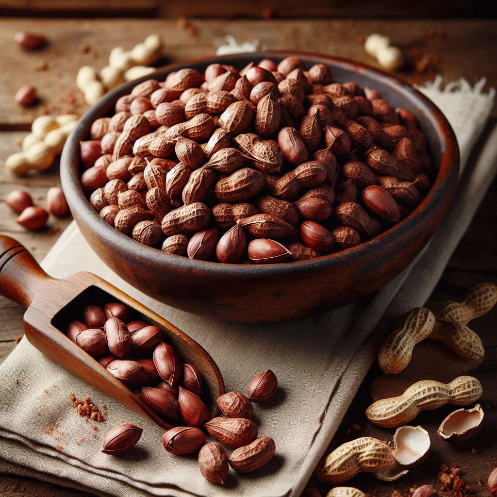 Freshly roasted golden groundnuts served in a rustic bowl