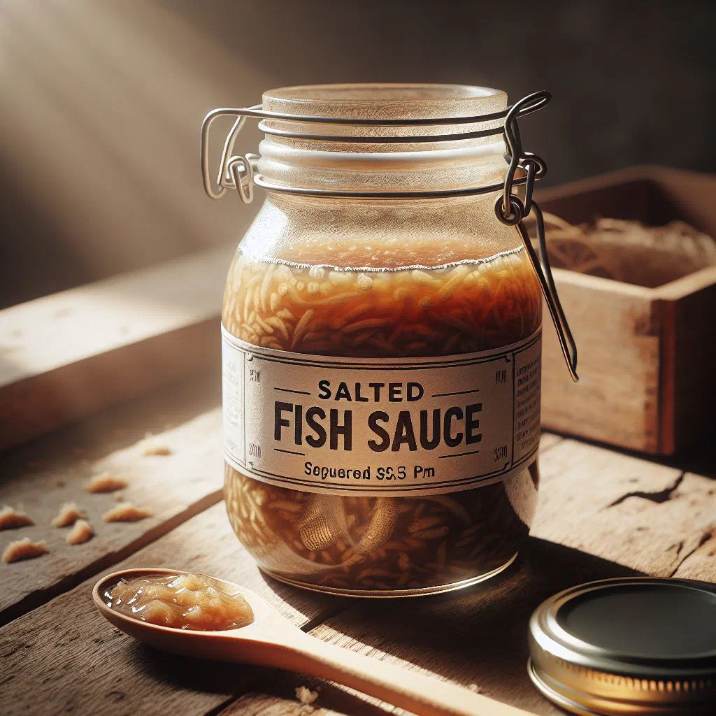 Gambian salted fish sauce garnished with fresh herbs, served with rice