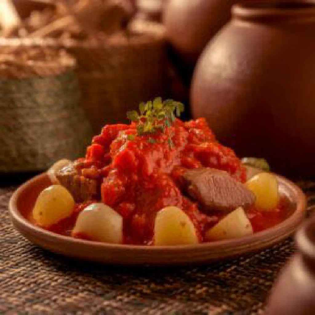 A bowl of Gambian sauce kanja with peanuts and vegetables served over rice