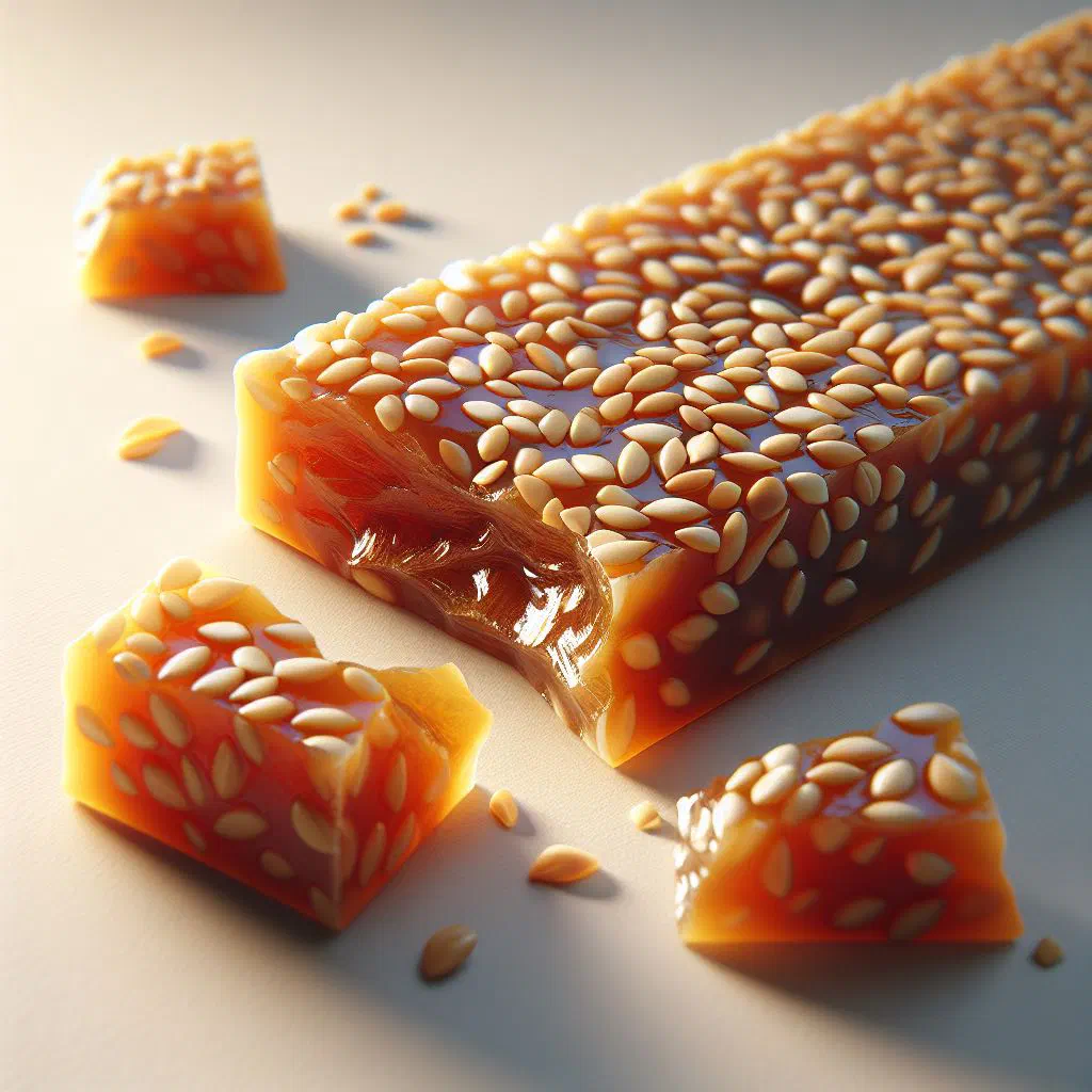 Golden shards of sesame seed brittle with toasted seeds set in caramel
