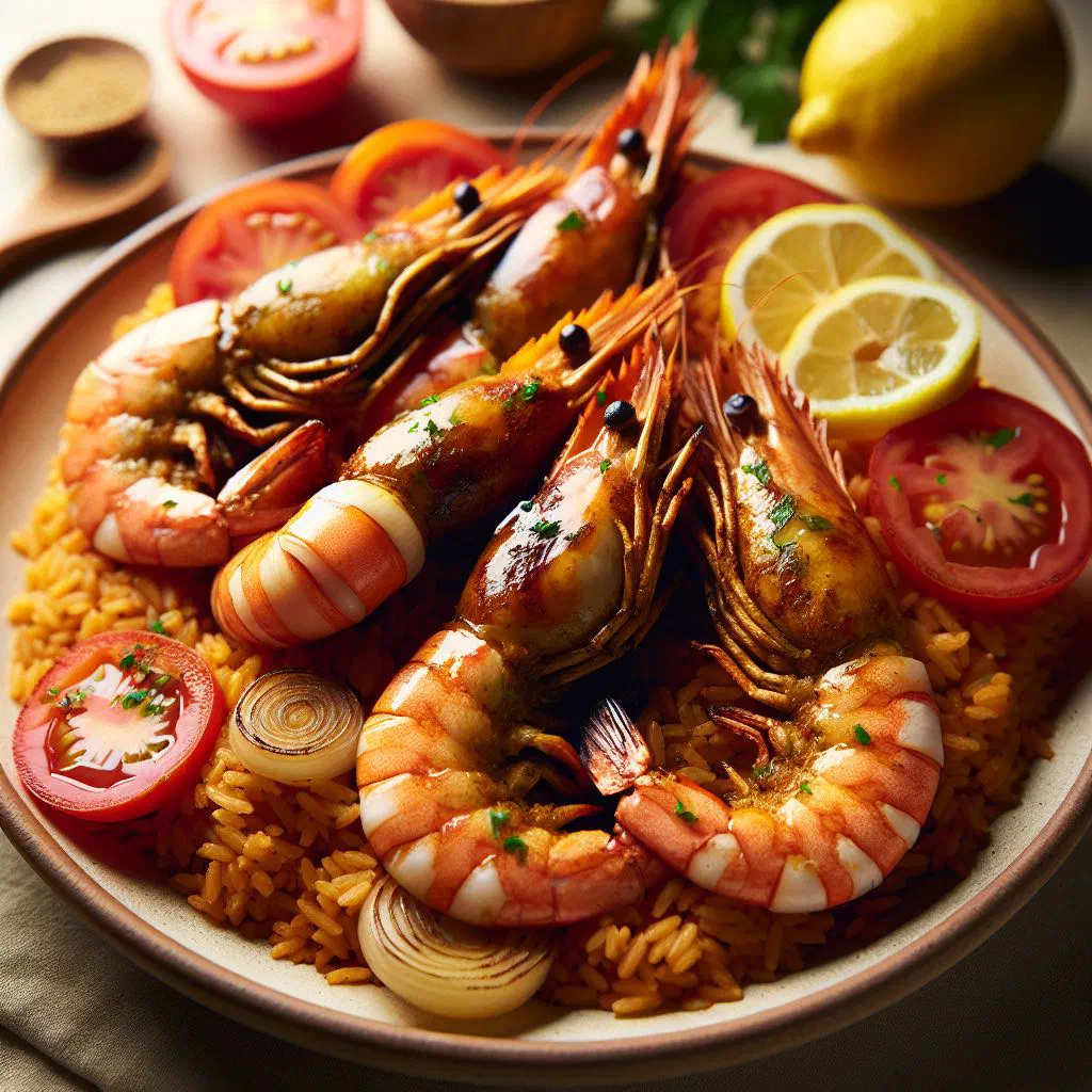 Shrimp yassa with tender prawns in a tangy onion and lemon sauce