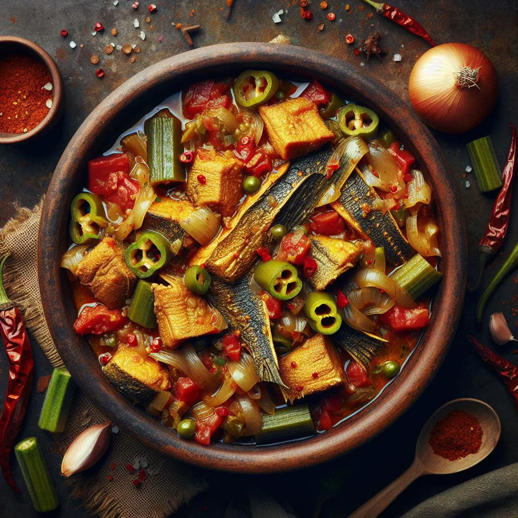 Bowl of Gambian smoked catfish stew with tomatoes, peppers and fresh herbs