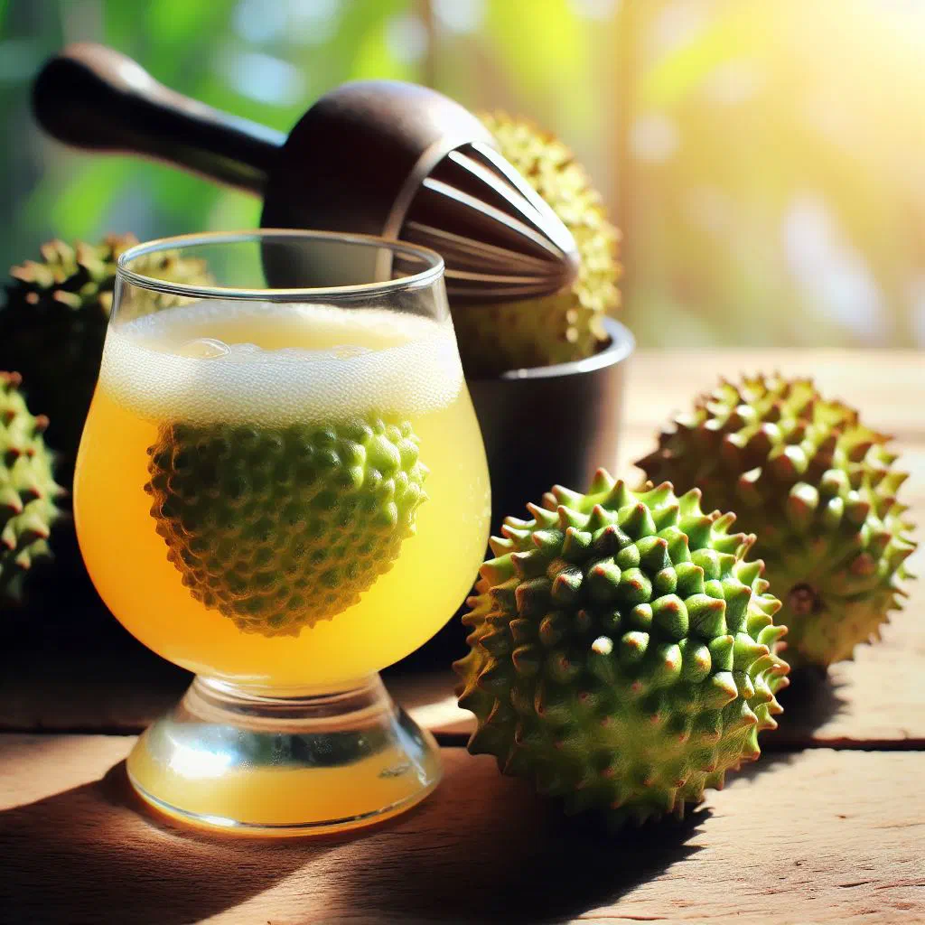 A tall glass of creamy soursop juice with ice and fresh mint
