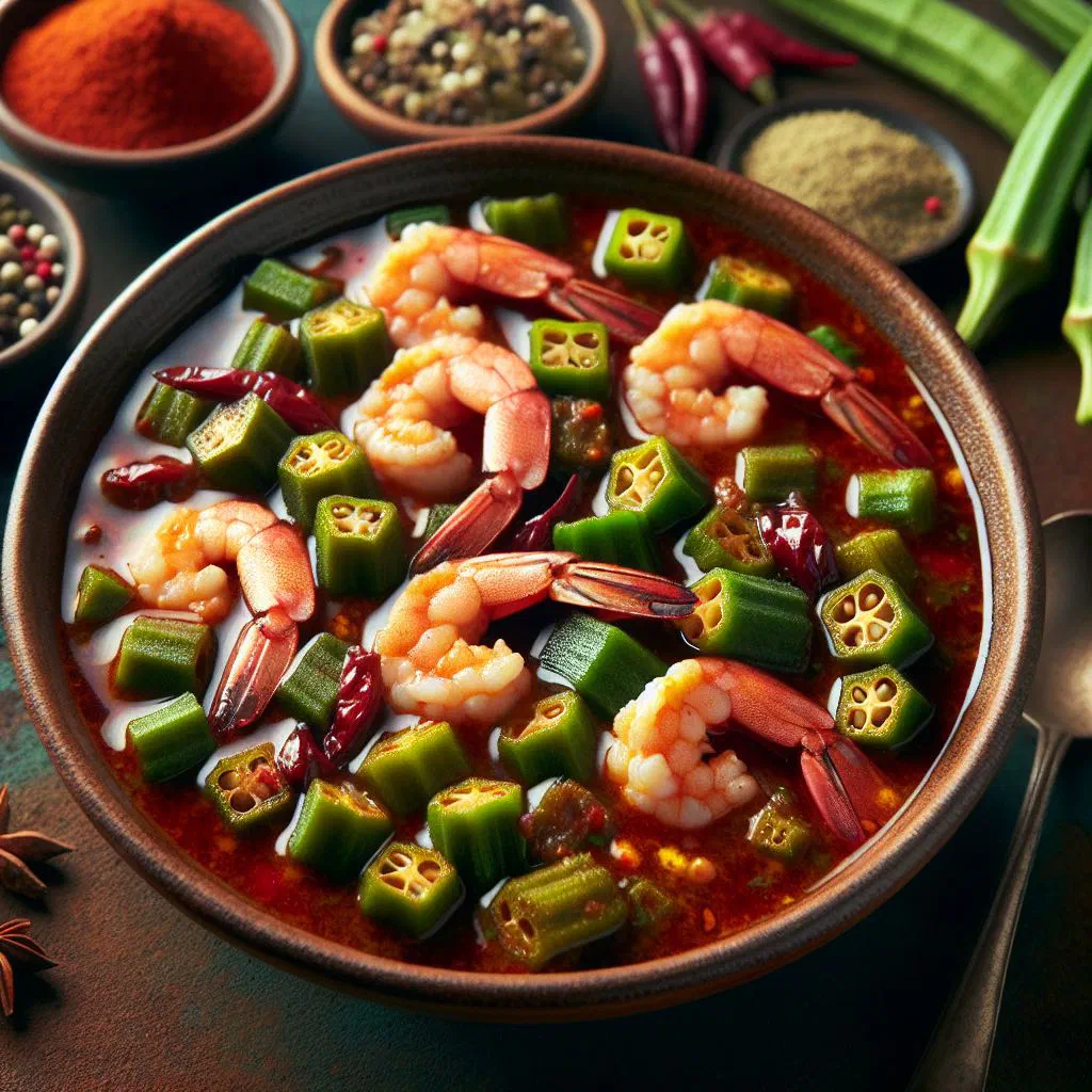 Spicy okra and shrimp stew garnished with fresh coriander