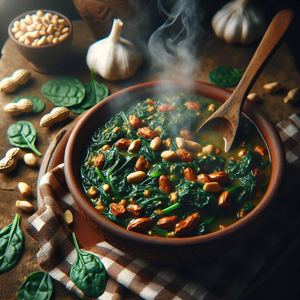 Bowl of Gambian spinach and peanut stew garnished with chopped peanuts
