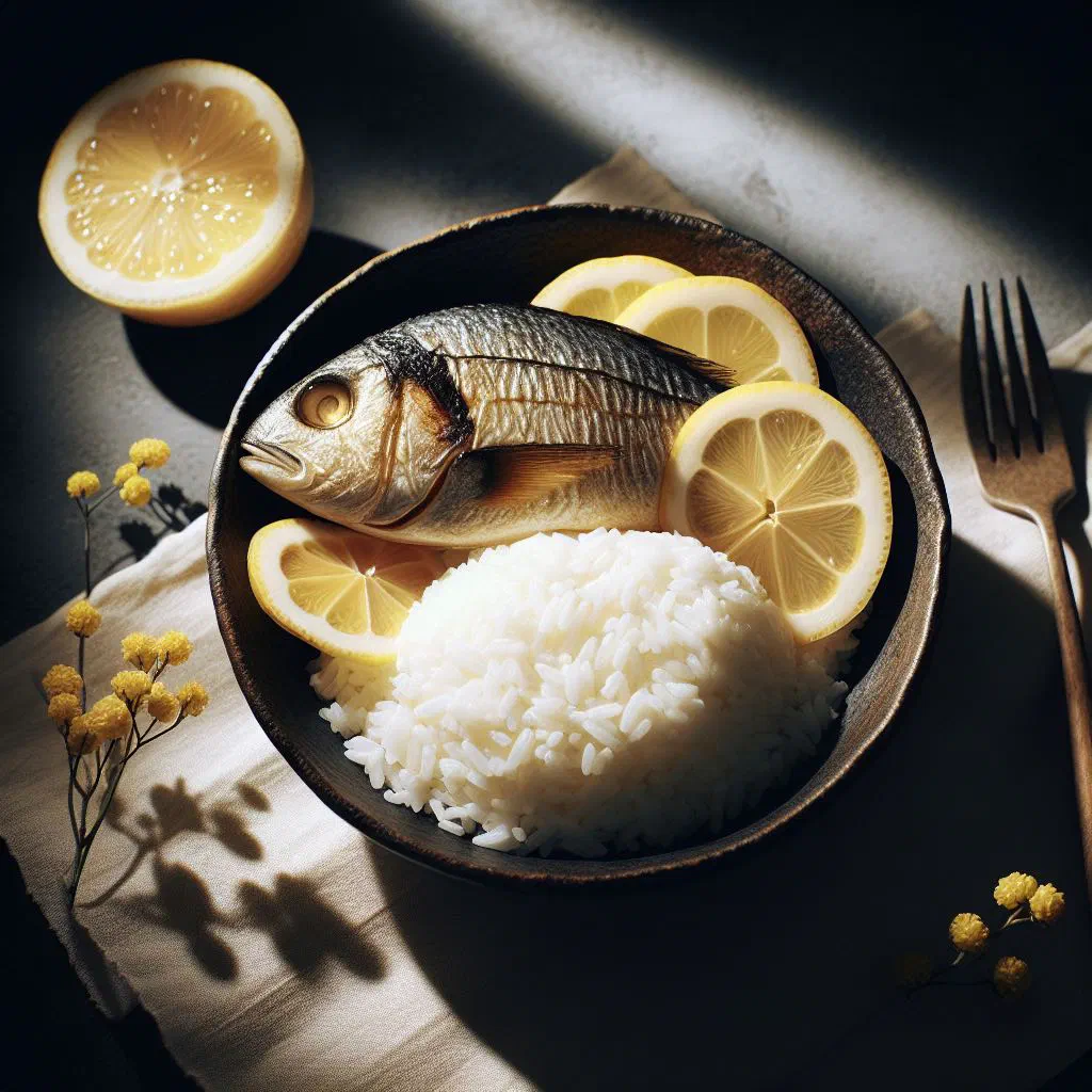 Steamed rice topped with spiced fish and fresh herbs
