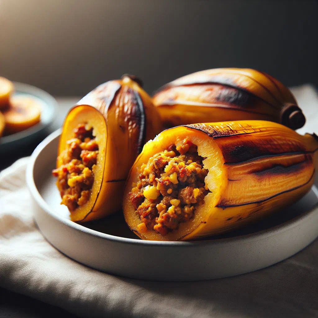 Baked stuffed plantains filled with spiced minced meat and vegetables