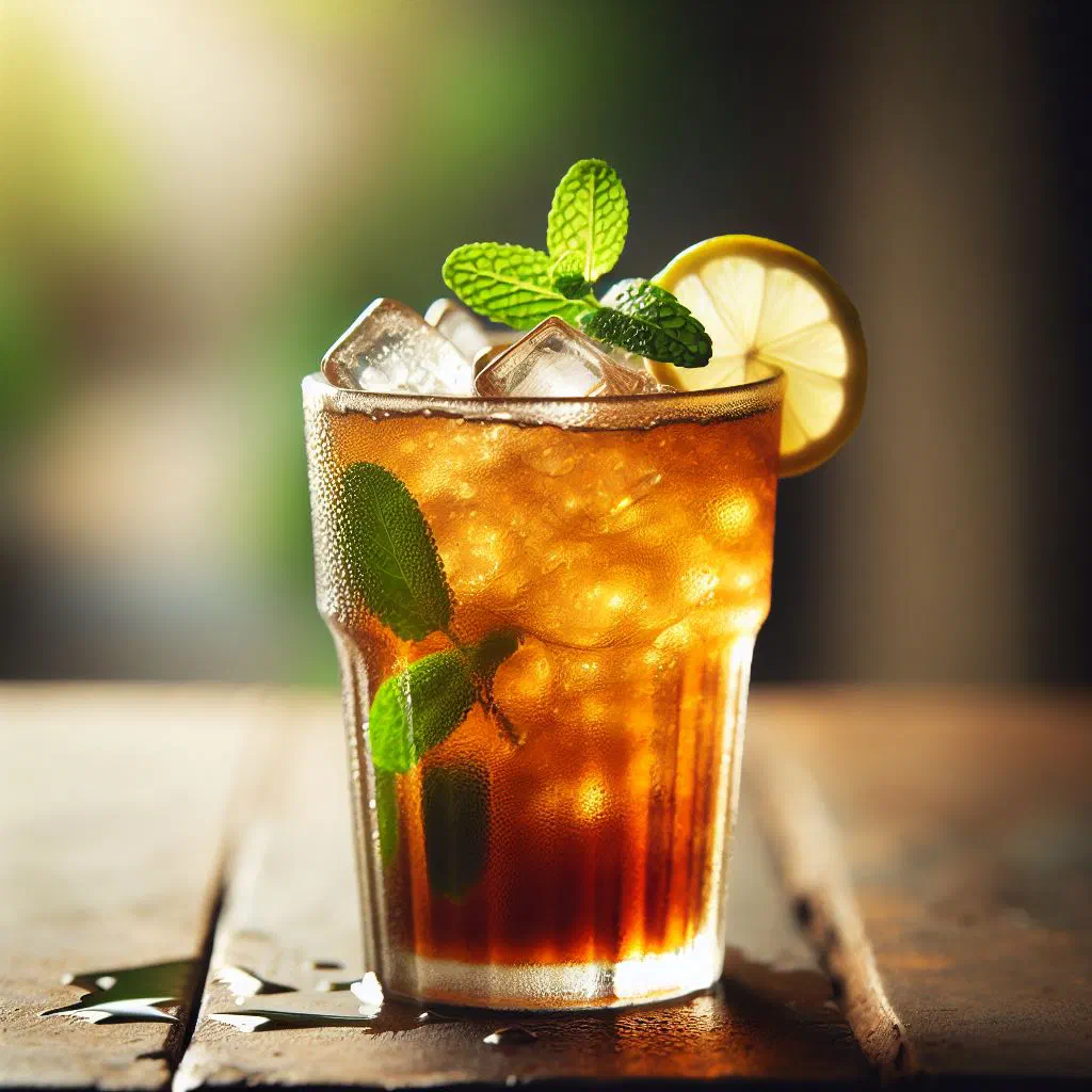 Glass of chilled tamarind drink with ice cubes and mint