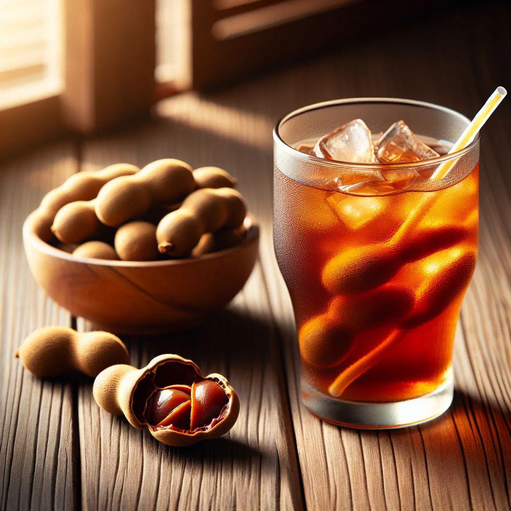 A tall glass of chilled tamarind juice garnished with fresh mint