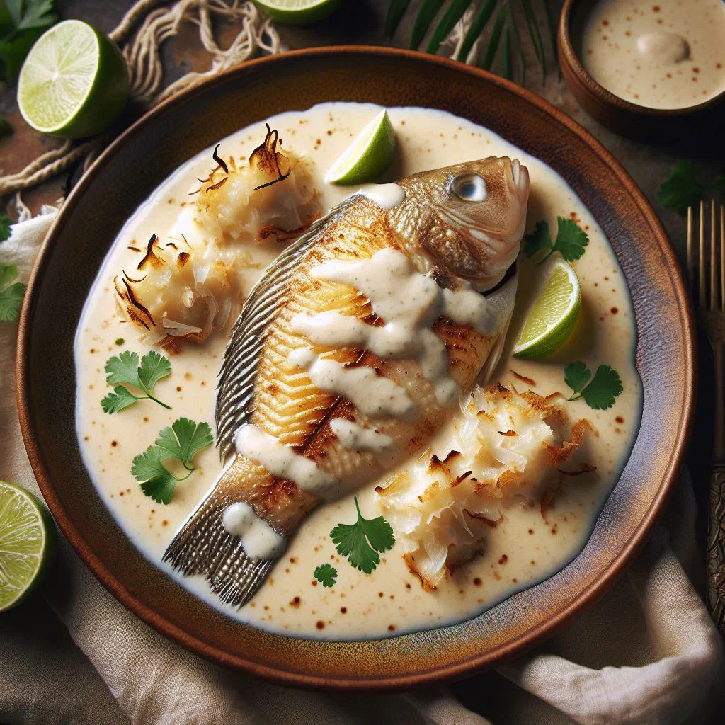 Tilapia fillets simmered in a creamy coconut sauce, garnished with fresh coriander and lime