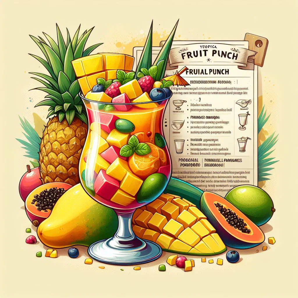 A glass of tropical fruit punch garnished with fresh fruit and mint