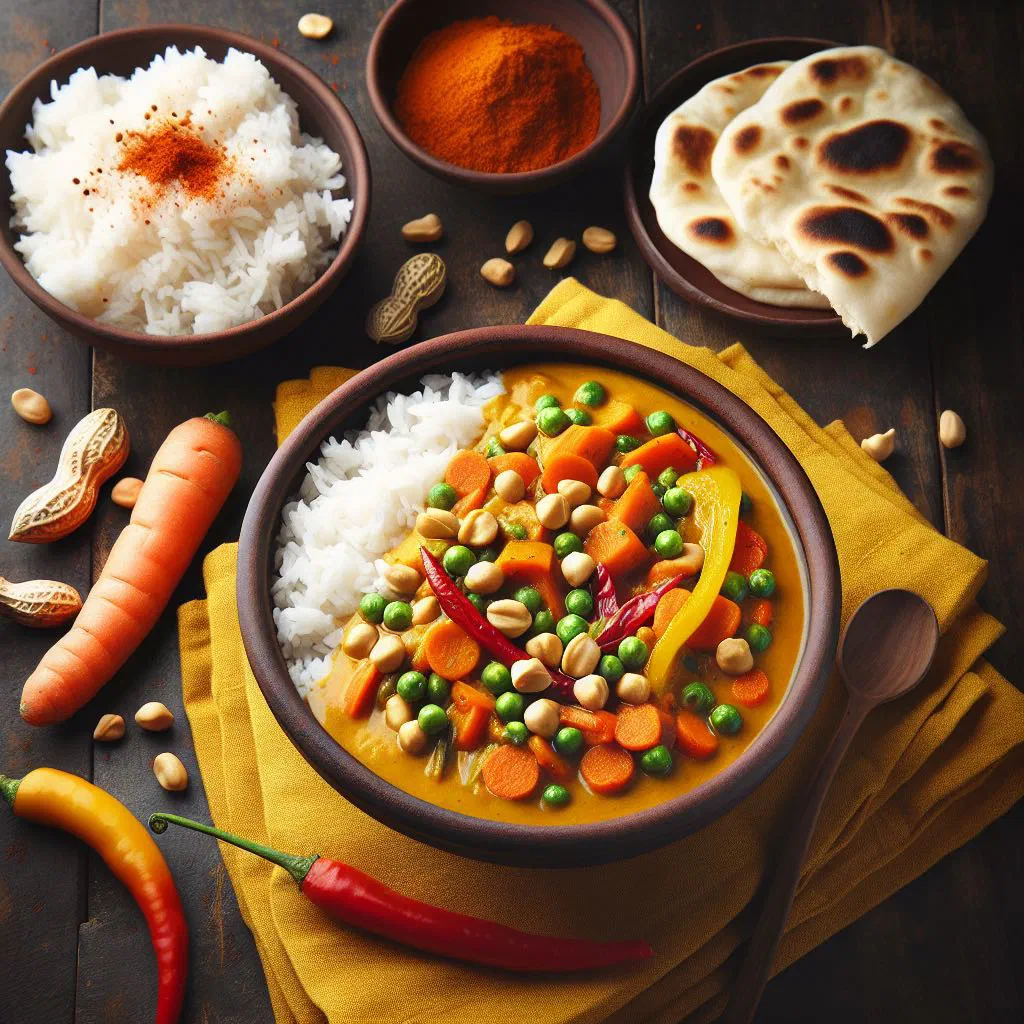 Vegetable peanut curry with broccoli and carrots in a creamy peanut sauce