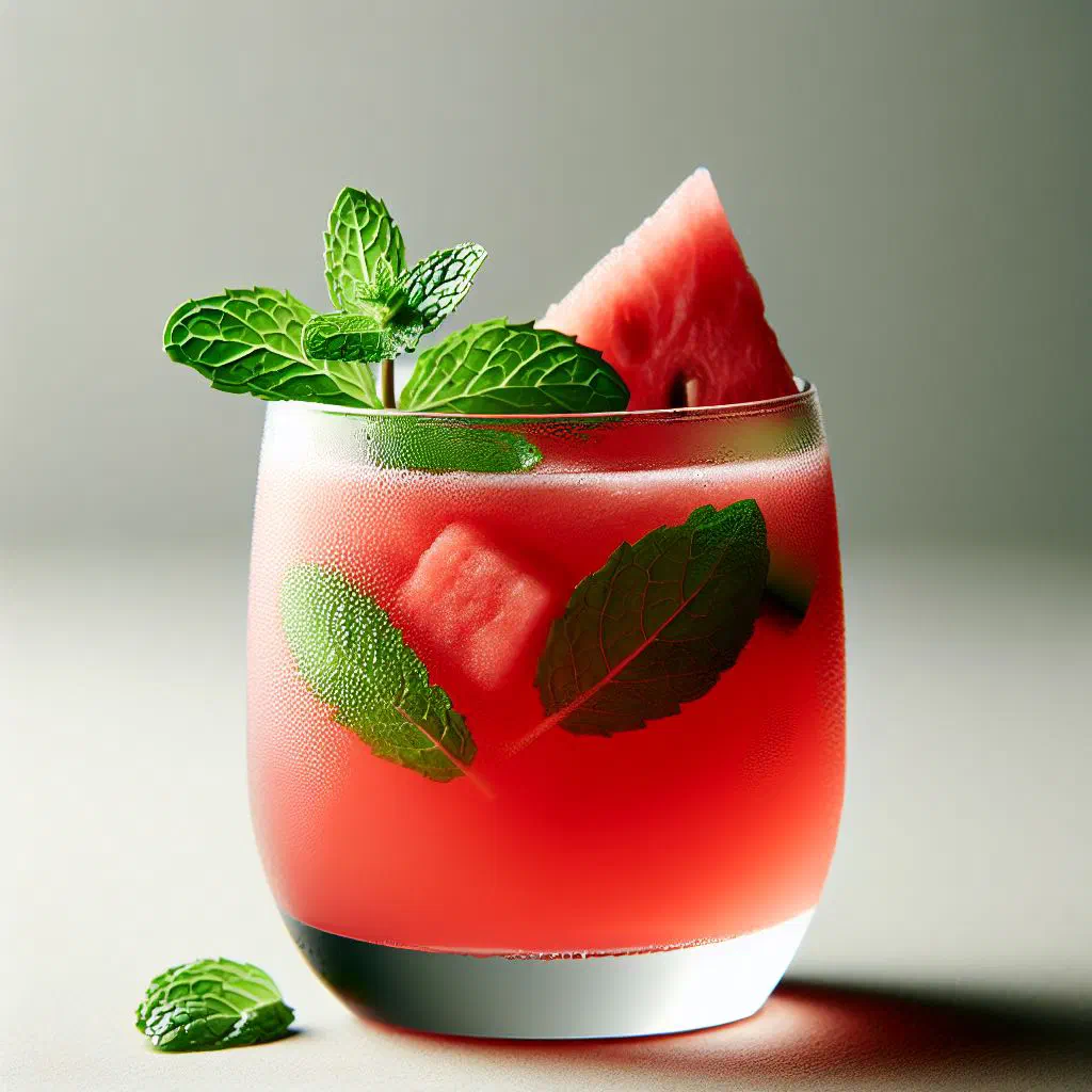 A tall glass of fresh watermelon juice garnished with mint leaves and ice