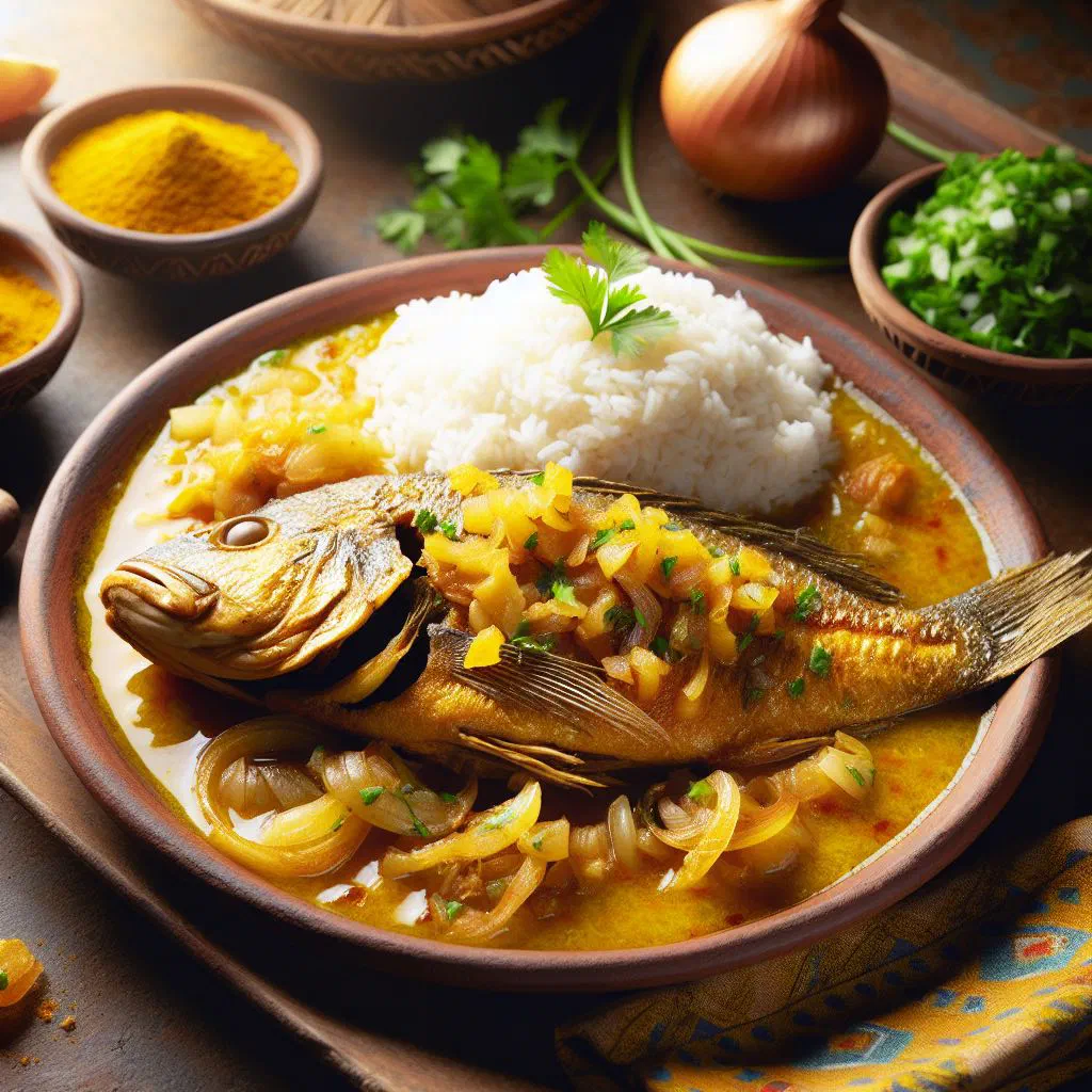Yassa fish in a tangy onion and lemon sauce served with rice