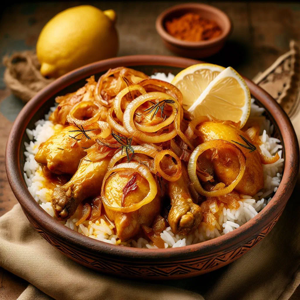 Yassa poulet with braised onions and lemon served over rice