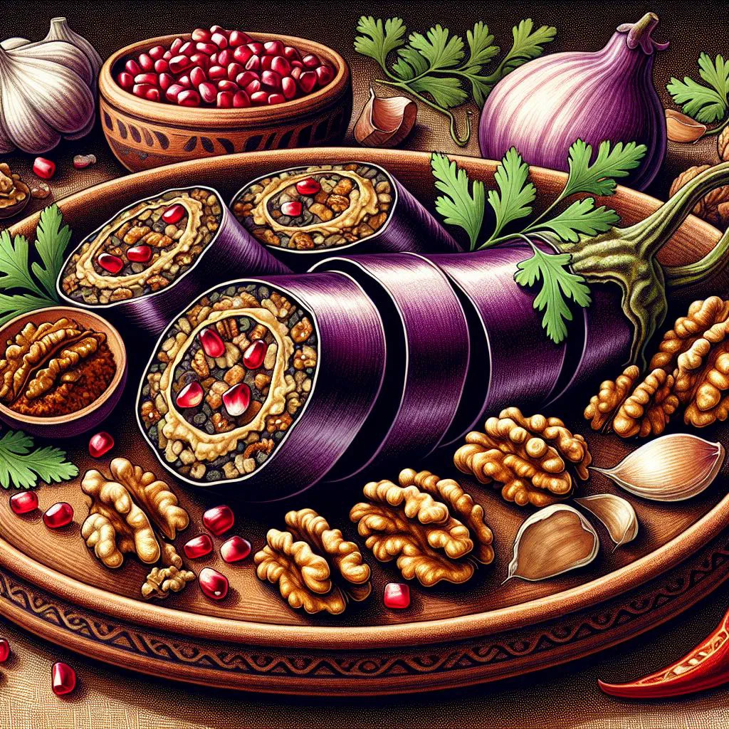 Rolled aubergine slices filled with spiced walnut paste and garnished with fresh herbs