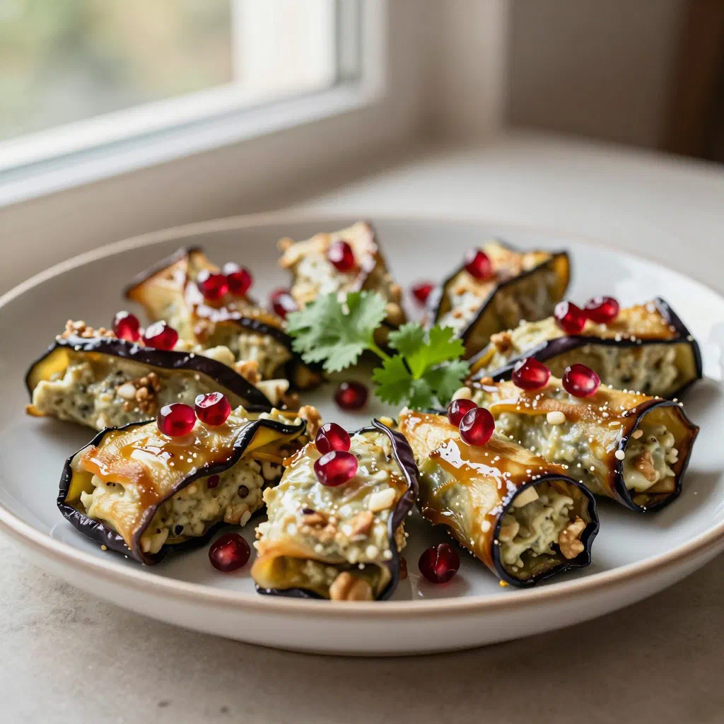 Rolled aubergine slices filled with spiced walnut paste and garnished with fresh herbs